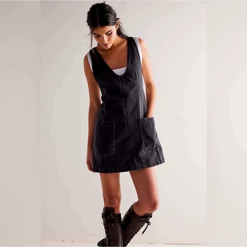 We The Free People Black High Roller Denim Skirtall Overall Pinafore Dress Large